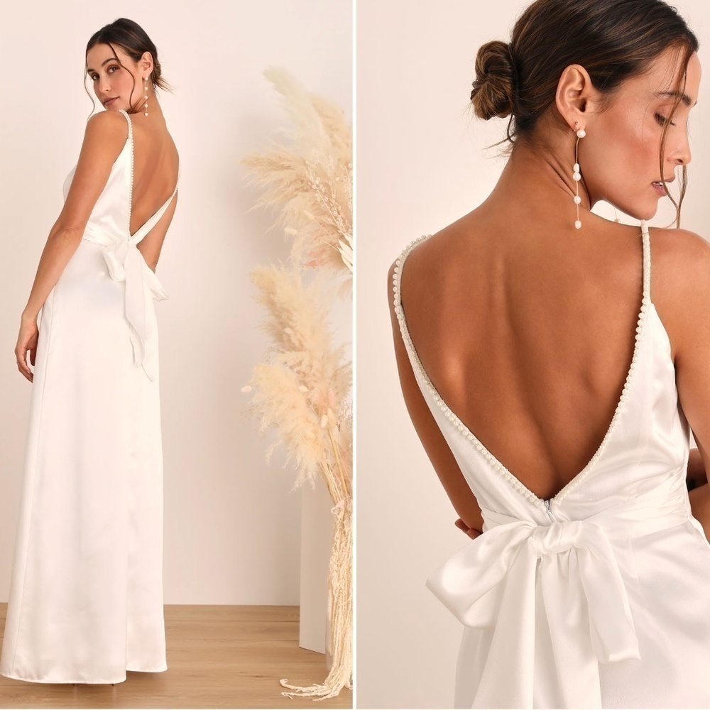 LULU's Bridal Modern Sexy Chic Minimalist Satin Mermaid Trumpet Maxi Gown NWOT - Picture 3 of 4